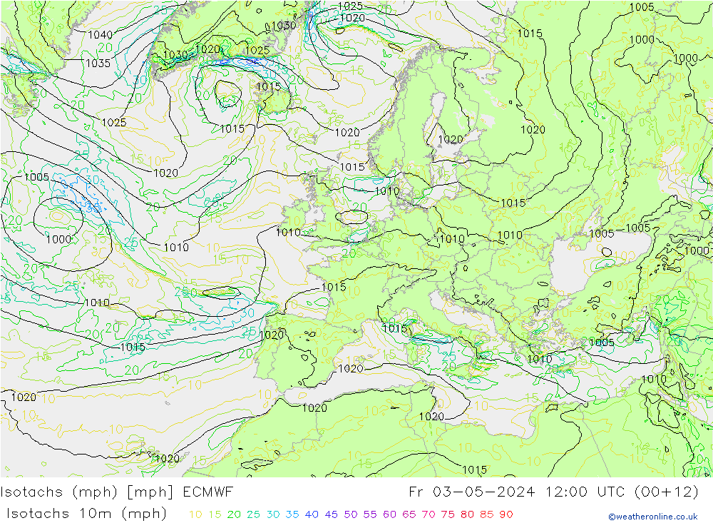 Isotachen (mph) ECMWF Fr 03.05.2024 12 UTC