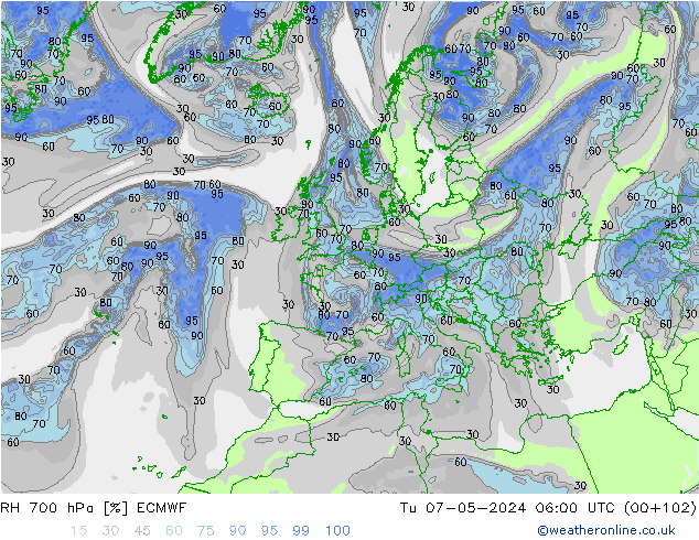 RH 700 hPa ECMWF Tu 07.05.2024 06 UTC