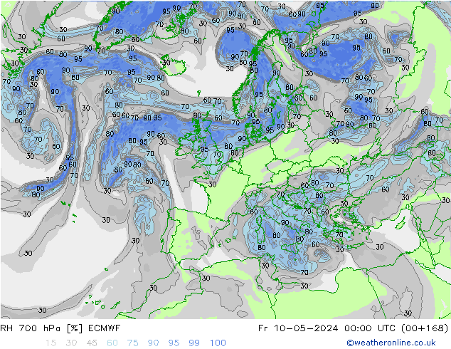 Humedad rel. 700hPa ECMWF vie 10.05.2024 00 UTC