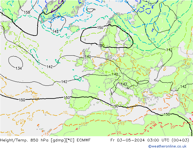 Hoogte/Temp. 850 hPa ECMWF vr 03.05.2024 03 UTC