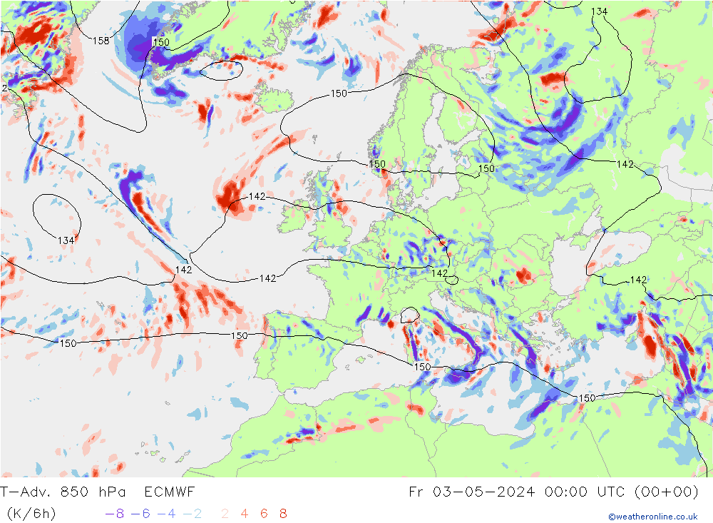 T-Adv. 850 hPa ECMWF Pá 03.05.2024 00 UTC