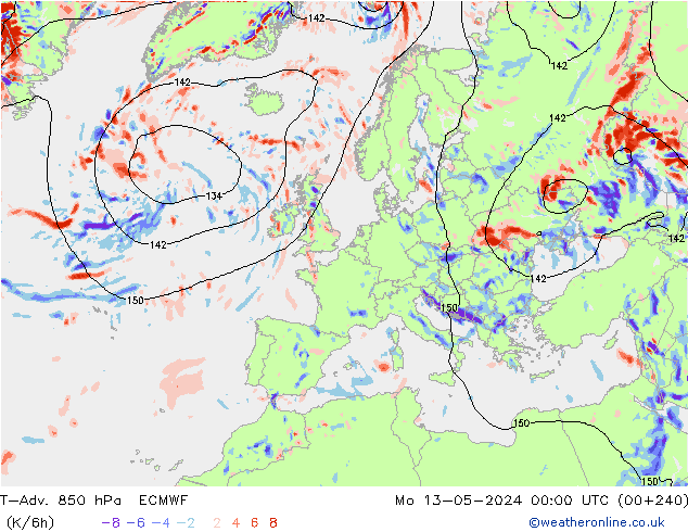 T-Adv. 850 hPa ECMWF Mo 13.05.2024 00 UTC