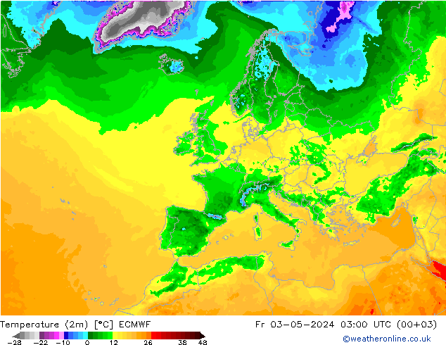 Temperatura (2m) ECMWF vie 03.05.2024 03 UTC