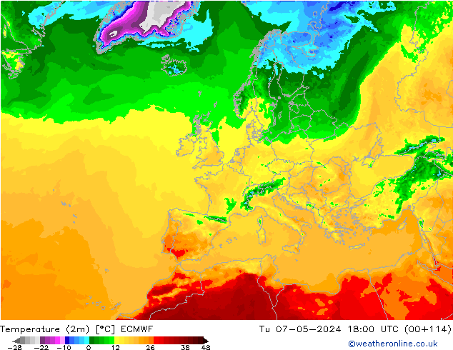 Temperature (2m) ECMWF Tu 07.05.2024 18 UTC