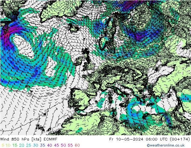 wiatr 850 hPa ECMWF pt. 10.05.2024 06 UTC