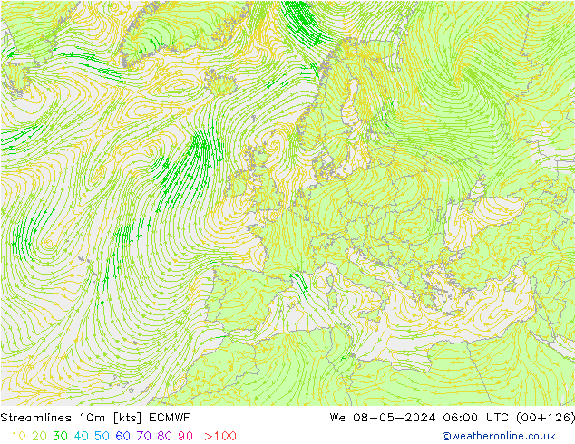 Linea di flusso 10m ECMWF mer 08.05.2024 06 UTC