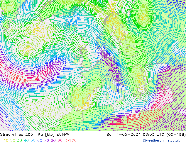 Streamlines 200 hPa ECMWF Sa 11.05.2024 06 UTC