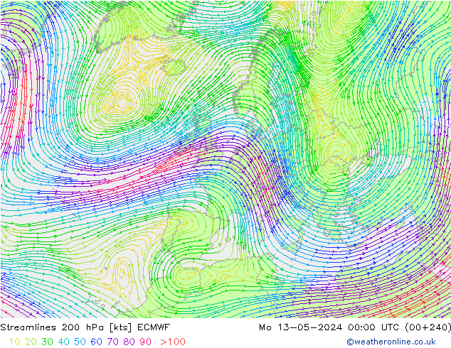 Streamlines 200 hPa ECMWF Mo 13.05.2024 00 UTC