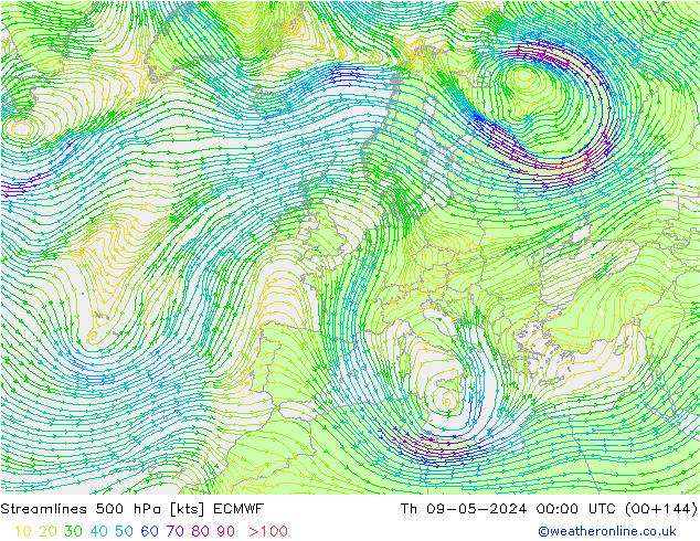 Streamlines 500 hPa ECMWF Th 09.05.2024 00 UTC