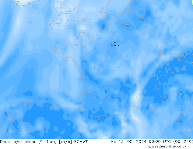 Deep layer shear (0-1km) ECMWF lun 13.05.2024 00 UTC