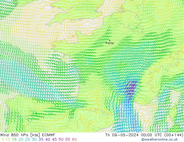 Wind 850 hPa ECMWF Čt 09.05.2024 00 UTC