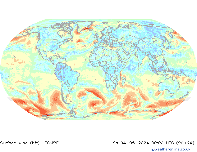 wiatr 10 m (bft) ECMWF so. 04.05.2024 00 UTC