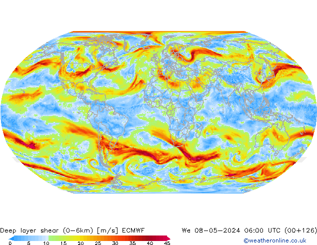 Deep layer shear (0-6km) ECMWF ср 08.05.2024 06 UTC