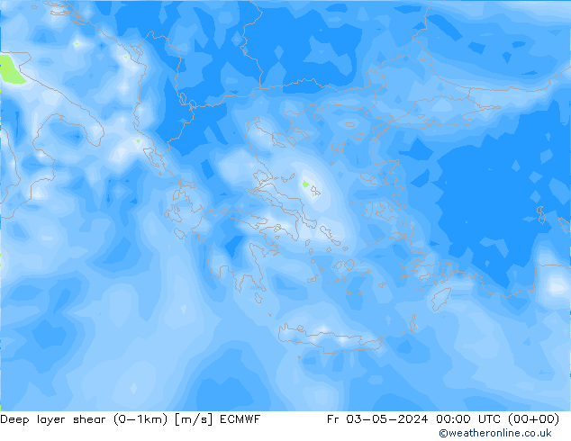 Deep layer shear (0-1km) ECMWF ven 03.05.2024 00 UTC