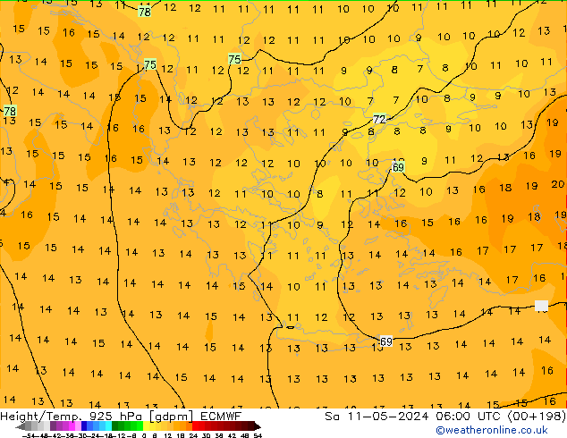 Height/Temp. 925 hPa ECMWF so. 11.05.2024 06 UTC