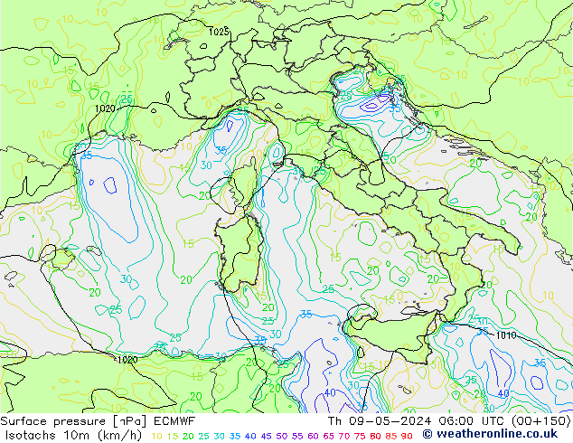 Izotacha (km/godz) ECMWF czw. 09.05.2024 06 UTC