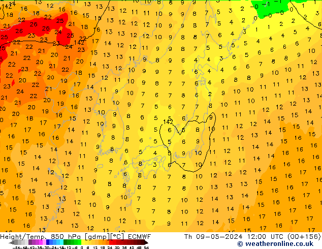 Z500/Rain (+SLP)/Z850 ECMWF czw. 09.05.2024 12 UTC