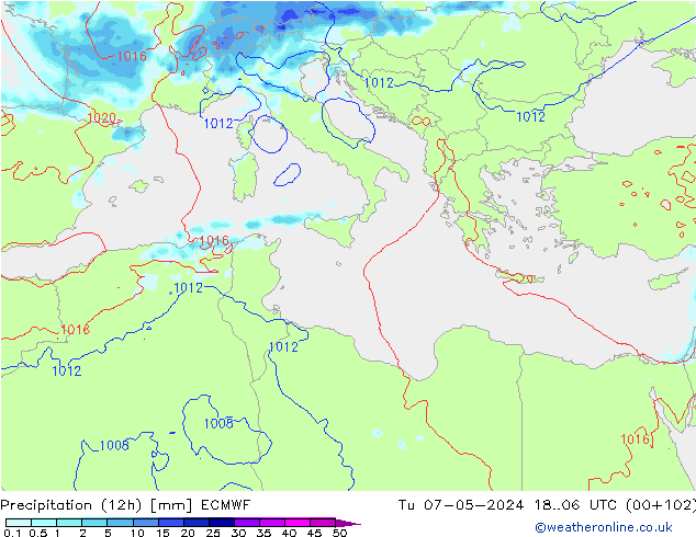 Precipitation (12h) ECMWF Tu 07.05.2024 06 UTC