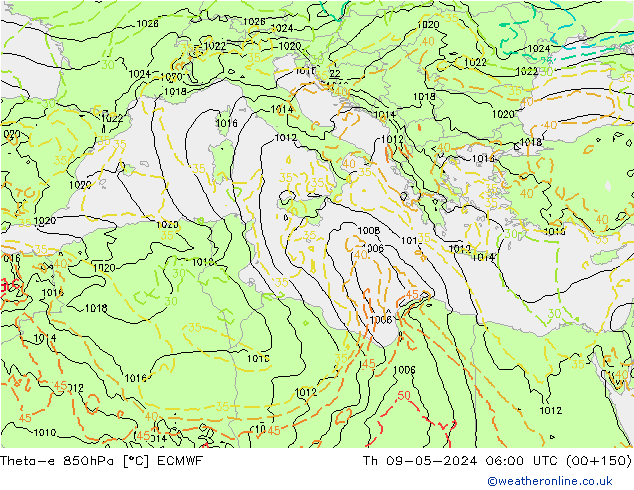 Theta-e 850hPa ECMWF Čt 09.05.2024 06 UTC