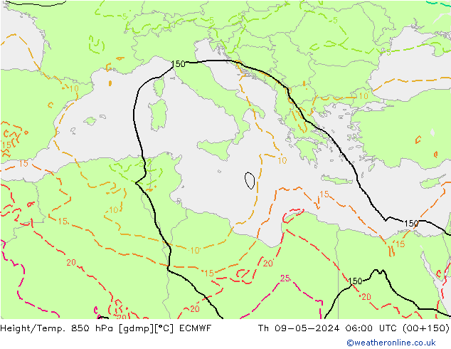 Geop./Temp. 850 hPa ECMWF jue 09.05.2024 06 UTC