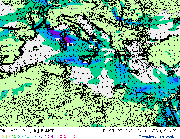 wiatr 850 hPa ECMWF pt. 03.05.2024 00 UTC