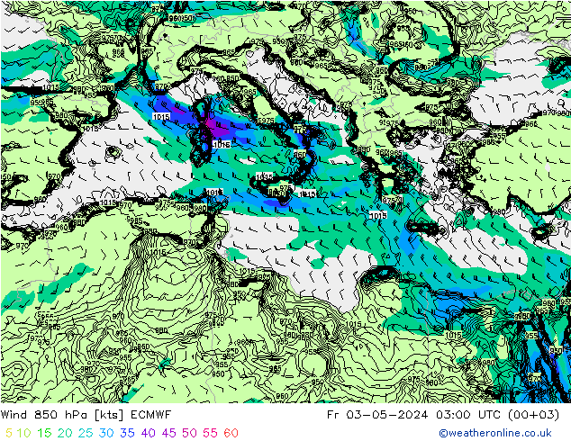 Vento 850 hPa ECMWF Sex 03.05.2024 03 UTC