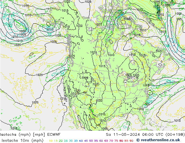 Isotaca (mph) ECMWF sáb 11.05.2024 06 UTC