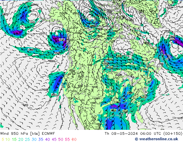 ветер 950 гПа ECMWF чт 09.05.2024 06 UTC