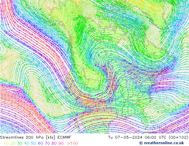 Linea di flusso 200 hPa ECMWF mar 07.05.2024 06 UTC