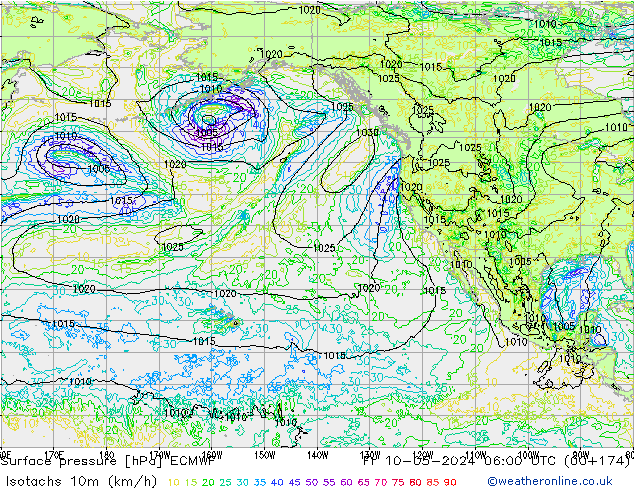 Izotacha (km/godz) ECMWF pt. 10.05.2024 06 UTC