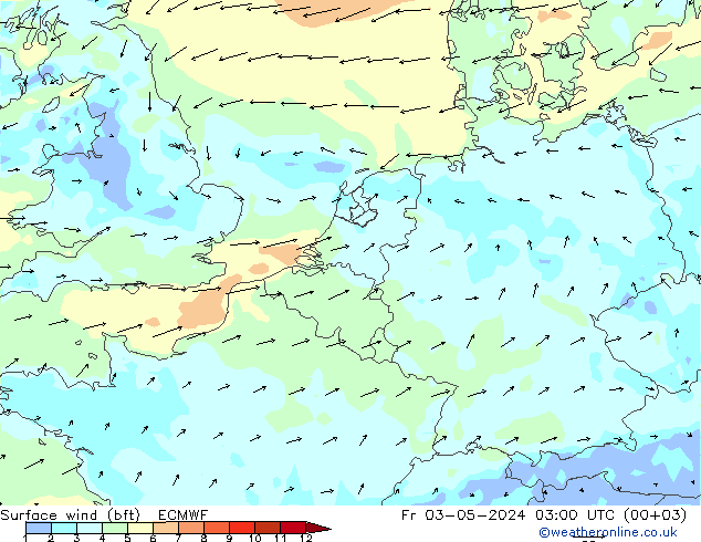Surface wind (bft) ECMWF Fr 03.05.2024 03 UTC