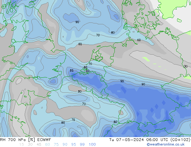 RH 700 гПа ECMWF вт 07.05.2024 06 UTC