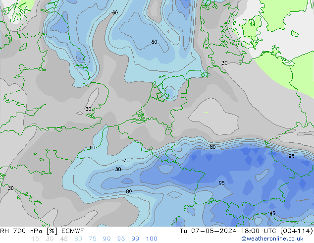 RH 700 hPa ECMWF Tu 07.05.2024 18 UTC