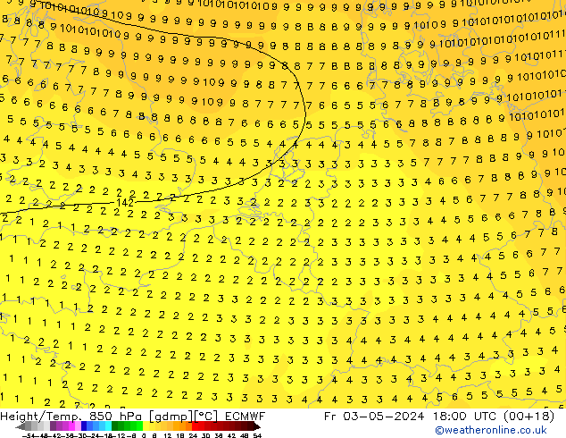 Height/Temp. 850 hPa ECMWF Fr 03.05.2024 18 UTC