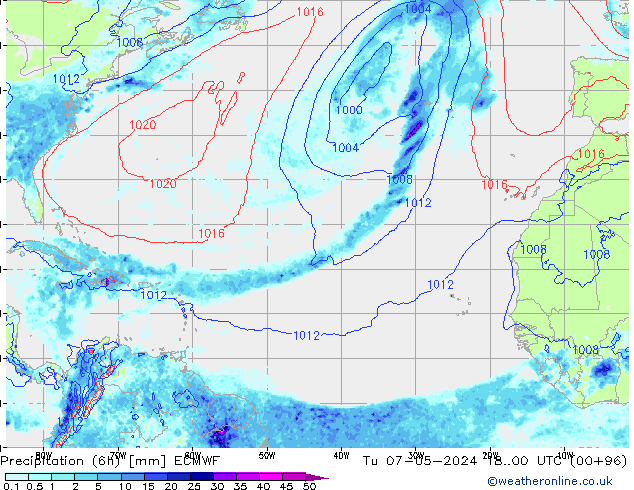 Z500/Rain (+SLP)/Z850 ECMWF вт 07.05.2024 00 UTC