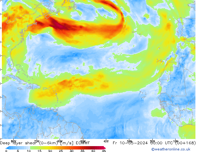 Deep layer shear (0-6km) ECMWF vie 10.05.2024 00 UTC