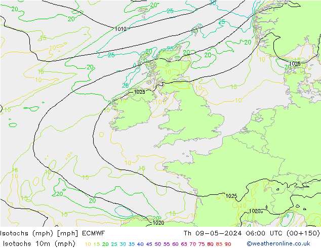 Isotachs (mph) ECMWF Qui 09.05.2024 06 UTC