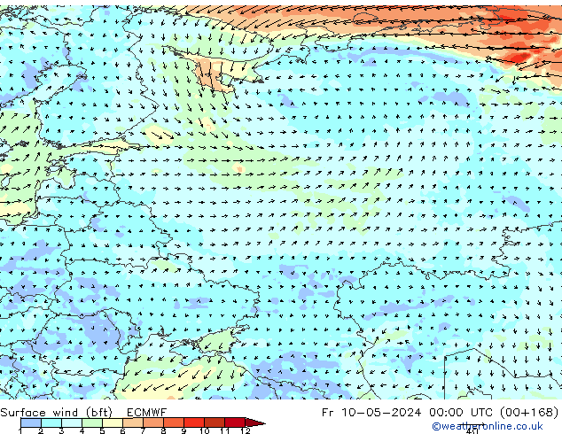 Vent 10 m (bft) ECMWF ven 10.05.2024 00 UTC