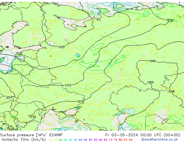 Isotachs (kph) ECMWF Fr 03.05.2024 00 UTC