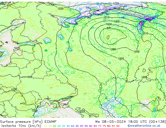 Izotacha (km/godz) ECMWF śro. 08.05.2024 18 UTC