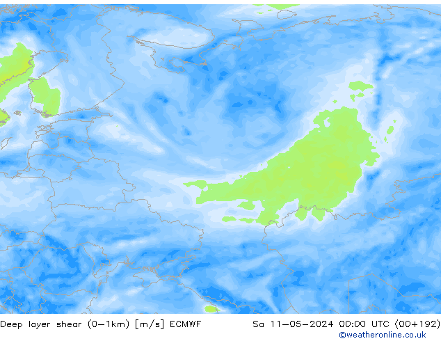 Deep layer shear (0-1km) ECMWF sáb 11.05.2024 00 UTC