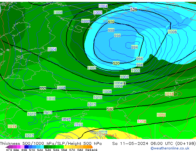 Espesor 500-1000 hPa ECMWF sáb 11.05.2024 06 UTC