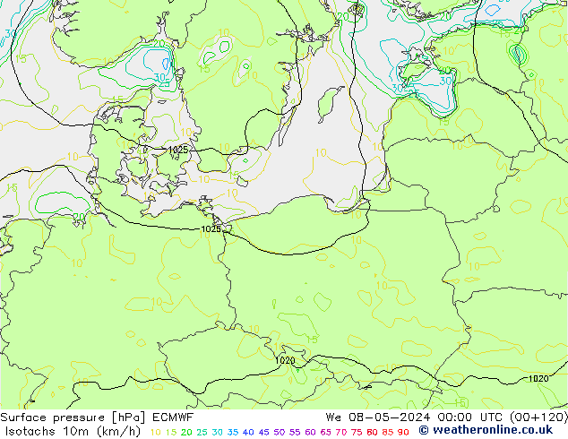 Isotachen (km/h) ECMWF Mi 08.05.2024 00 UTC