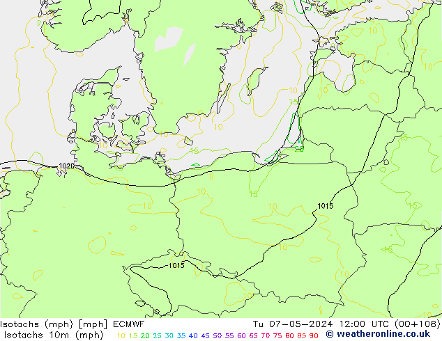 Isotachs (mph) ECMWF вт 07.05.2024 12 UTC