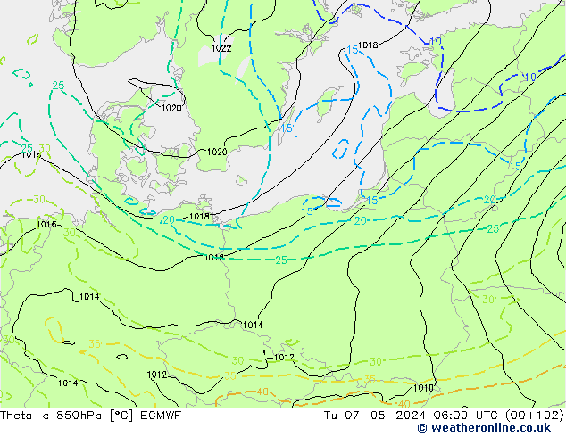 Theta-e 850hPa ECMWF di 07.05.2024 06 UTC