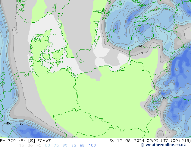 RH 700 гПа ECMWF Вс 12.05.2024 00 UTC