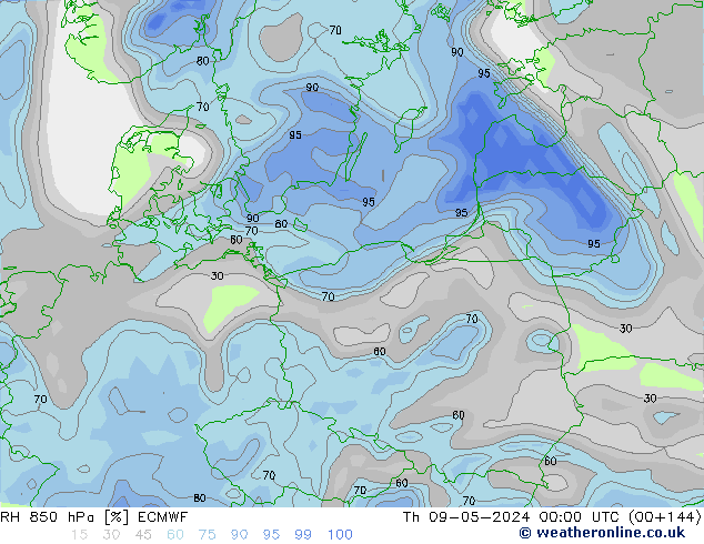 RH 850 hPa ECMWF czw. 09.05.2024 00 UTC