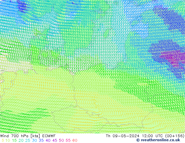 Wind 700 hPa ECMWF Čt 09.05.2024 12 UTC