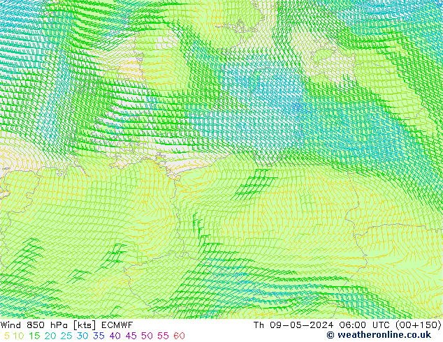 Vento 850 hPa ECMWF gio 09.05.2024 06 UTC