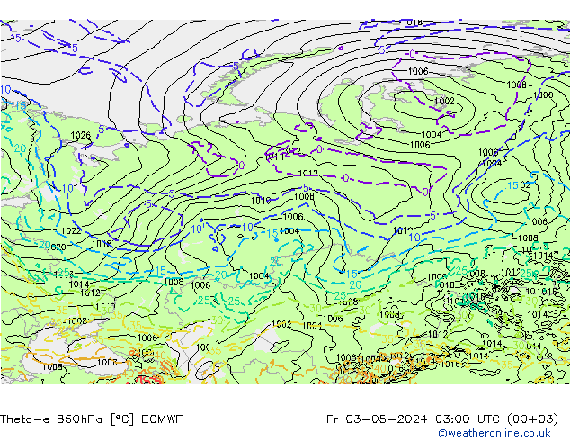 Theta-e 850hPa ECMWF ven 03.05.2024 03 UTC